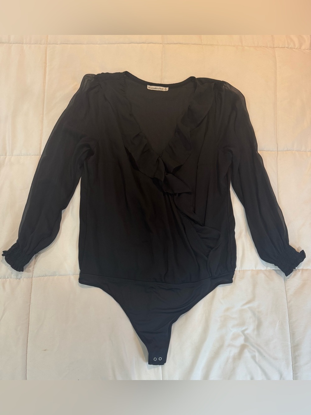 Abercrombie & Fitch Black Sheer Ruffle V-Neck Long-Sleeve Bodysuit